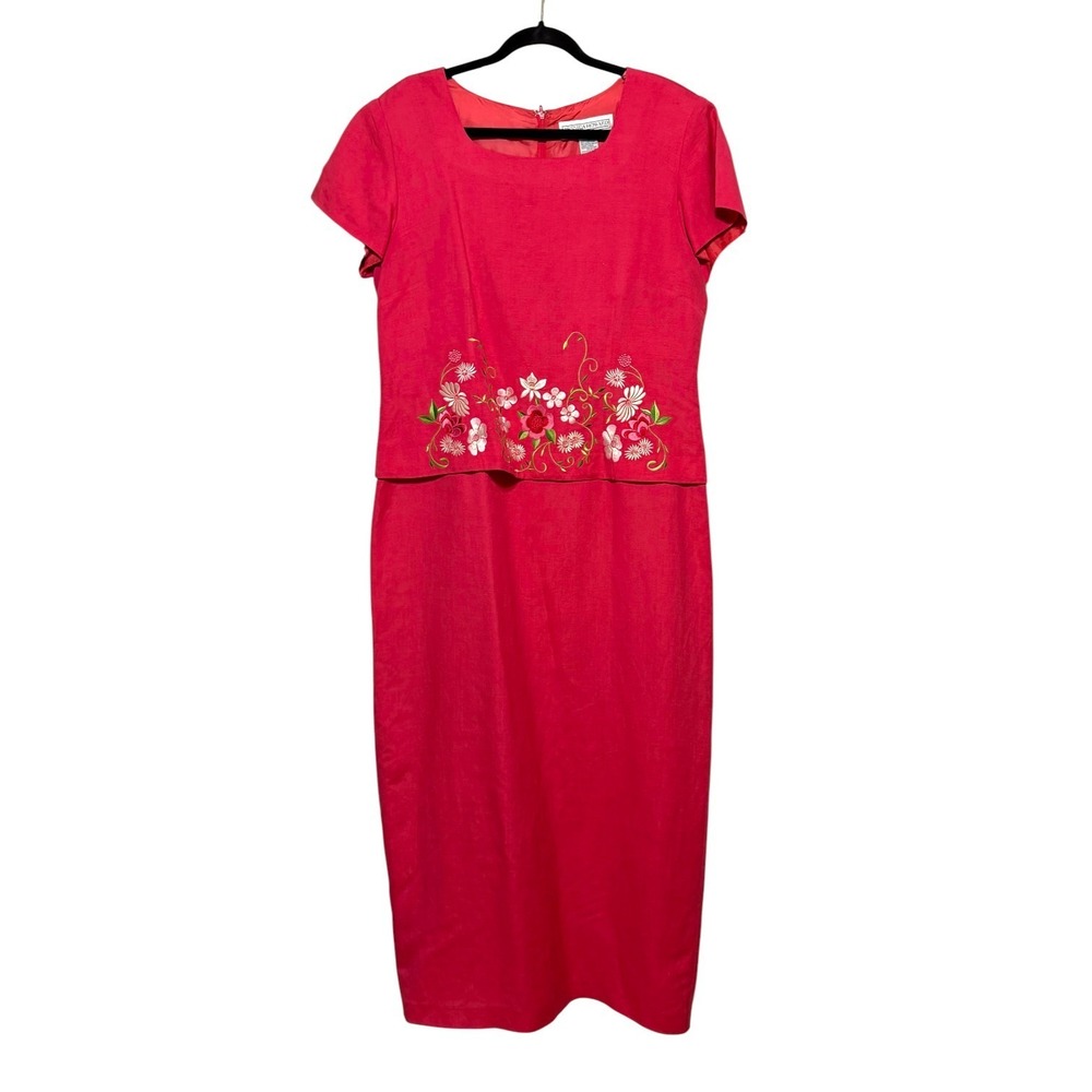 Vtg Jessica Howard Romantic Embroidered Linen Midi Dress Women Sz 16 Cottagecore